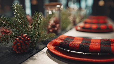 A charming rustic table setting featuring red plaid napkins, pine cones, and greenery, perfect for cozy holiday gatherings and winter celebrations.の素材