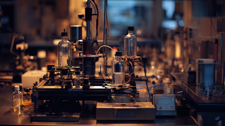 Detailed view of a laboratory workspace with various scientific instruments and glassware arranged meticulously, showcasing a blend of technology and research.の素材