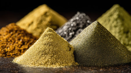 This captivating image showcases a vibrant array of colorful spices piled into distinct pyramids, creating an engaging visual feast for culinary enthusiasts.の素材