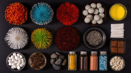A vibrant display featuring assorted spices, herbs, and decorative items, beautifully arranged on a black background, perfect for culinary and artistic purposes.の素材