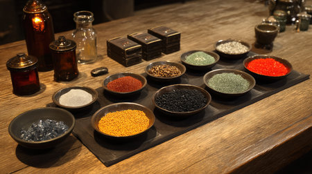 This image showcases a beautiful arrangement of various natural ingredients and materials in elegant bowls on a rustic table. The vibrant colors and textures invite creativity and artistry.の素材