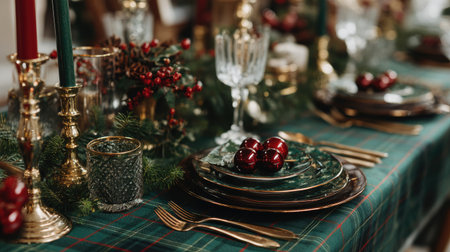 This enchanting holiday dining table features a rich plaid tablecloth adorned with festive decorations. Golden cutlery and elegant glassware complement the seasonal decor, creating a warm and inviting atmosphere perfect for family gatherings or special celebrations.の素材