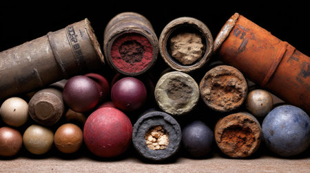 Explore a stunning collection of vintage art supplies featuring colorful paint tubes and wooden balls, arranged artistically against a dark background.の素材