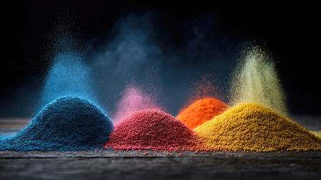 A stunning arrangement of vibrant colored powders displayed on a rustic wooden surface, perfect for artistic and creative projects, showcasing vivid textures.の素材
