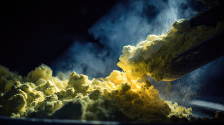Captivating close-up image of vibrant yellow powder with smoke, showcasing rich texture and artistic lighting against a dark background, ideal for various creative uses.の素材
