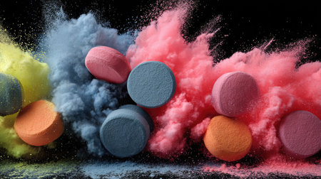 This dynamic image captures a colorful explosion of powder and circular tablets, creating a vibrant scene filled with energy and artistic flair.の素材