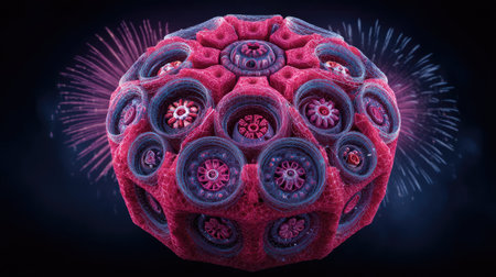 This stunning abstract image features a vibrant structure reminiscent of a microscopic organism, accentuated by colorful fireworks. Perfect for scientific and artistic themes.の素材