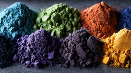 A stunning display of vibrant colored pigments in various piles showcases the beauty of art materials, perfect for creative projects or craft inspiration.の素材