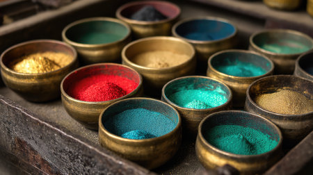 A captivating arrangement of spices in metal bowls showcases a diverse palette of colors, capturing the essence of traditional cooking and culinary artistry.の素材