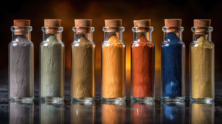 A stunning collection of fine pigments neatly stored in glass vials with cork stoppers, perfect for art and craft enthusiasts seeking vibrant colors.の素材