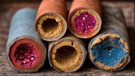 A close-up view showcasing vivid chalk sticks in a range of colors resting on a weathered wooden surface, ideal for creative projects and educational activities.の素材