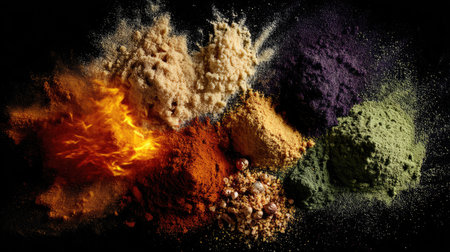 A stunning array of colorful spices and powders arranged artistically against a dark background. Ideal for culinary, food photography, and gourmet design projects.の素材