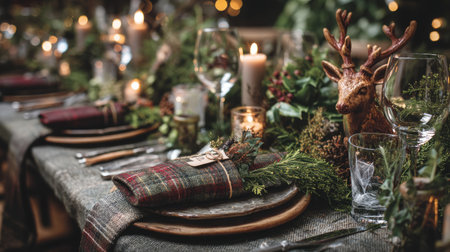 A beautifully arranged holiday table setting featuring rustic decor, flickering candles, and natural elements, perfect for festive gatherings and celebrations.の素材