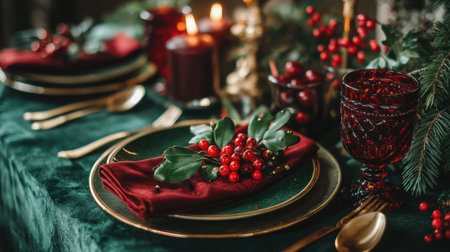 This beautifully arranged holiday table setting features rich green and red decor, candles, and fresh berries, creating a warm and inviting atmosphere for festive gatherings.の素材