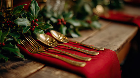 A beautifully arranged holiday dining setup showcasing rich greenery, gold cutlery, and vibrant red accents, perfect for festive celebrations and warm gatherings.の素材