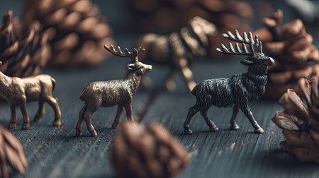A charming arrangement featuring small metallic animal figurines amidst pine cones, ideal for adding a rustic touch to any decor or photography project.の素材
