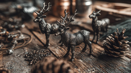 A collection of metallic reindeer figurines arranged on a rustic wooden table with pine cones and festive ornaments, perfect for holiday decor.の素材
