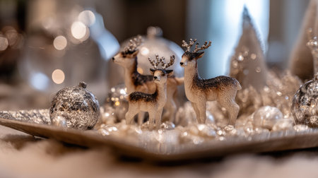 A stunning tabletop arrangement showcasing charming reindeer figures surrounded by shiny silver ornaments, perfect for creating a festive holiday atmosphere.の素材