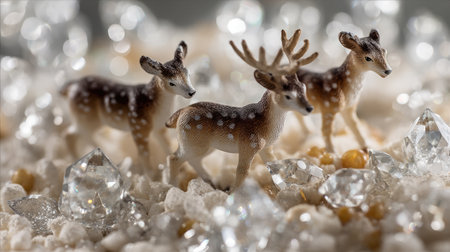 This captivating image showcases delicate miniature deer figurines surrounded by sparkling gems and a soft snow-like texture, creating a whimsical winter scene.の素材