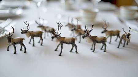 A collection of detailed miniature reindeer figurines artfully arranged on a table, perfect for holiday decor or creative displays, evoking festive cheer.の素材