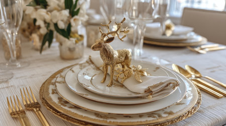 Experience the warmth of holiday gatherings with this elegant table setting featuring fine china, golden accents, and a charming reindeer figurine. Perfect for festive occasions.の素材