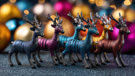 A captivating arrangement of colorful toy deer figurines stands in front of shiny holiday ornaments, creating a festive and cheerful atmosphere perfect for seasonal decorations.の素材