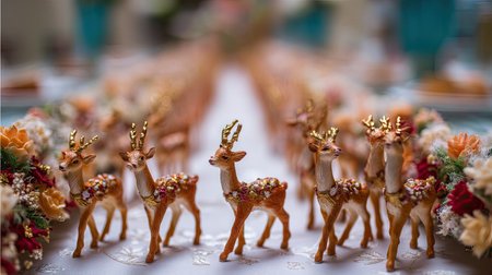 A captivating display featuring intricately designed golden reindeer figures, beautifully arranged with colorful flowers, perfect for holiday celebrations.の素材