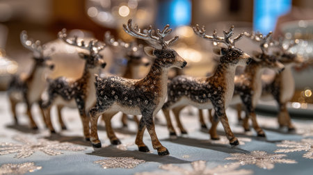 A charming arrangement of reindeer figurines brings a festive touch to a beautifully designed table. The snowflake-patterned tablecloth enhances the joyful winter ambiance.の素材
