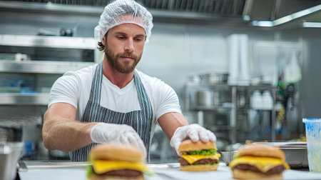 A dedicated chef carefully assembles cheeseburgers in a modern kitchen setting. The focus on fresh ingredients and meticulous preparation highlights food quality.の素材