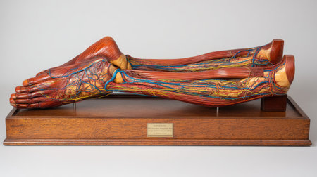 This highly detailed anatomical model showcases a human leg complete with realistic muscles, bones, veins, and arteries, ideal for educational and medical use.の素材