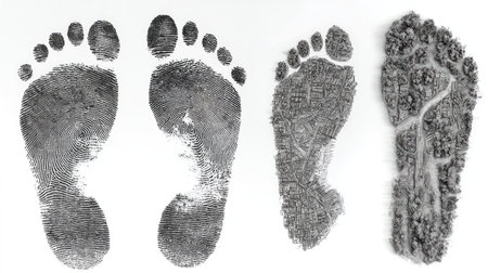 This artistic image showcases three distinct footprints, creatively merging fingerprint patterns and natural landscapes, highlighting the connection between humanity and nature.の素材