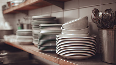 A visually appealing arrangement of stacked plates and bowls on wooden shelves in a well-organized kitchen, showcasing a modern culinary environment.の素材