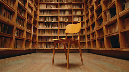An empty wooden chair sits in the center of a vintage library, surrounded by rows of neatly arranged books and archives, creating a serene ambiance.の素材