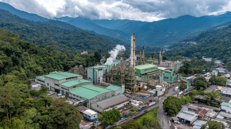 This aerial photograph captures an industrial site nestled among majestic mountains, showcasing a blend of technology and nature. Smoke rises from chimneys, highlighting industrial activity in a remote setting.の素材