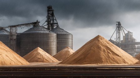 A dramatic industrial scene showcasing towering grain silos and large piles of sand under an ominous sky, highlighting the intersection of agriculture and technology.の素材