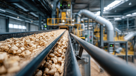 A close-up view of wood chips traveling along a conveyor belt inside an industrial facility dedicated to biomass energy production and processing.の素材
