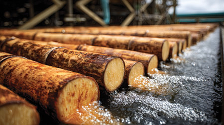 A close-up view of logs floating in water at a timber processing facility, showcasing the industrial setting with natural elements for a rustic, vibrant scene.の素材