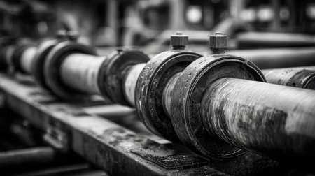 Close-up of industrial pipes and fittings showcased in black and white. The image highlights intricate textures and surface details, emphasizing the robust nature of machinery.の素材