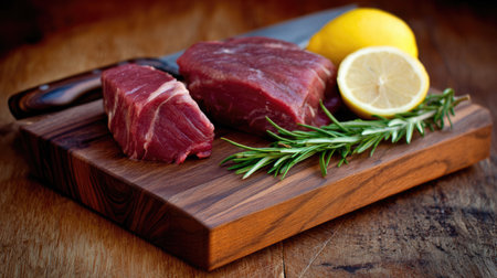 This image features fresh raw beef cuts displayed on a rustic wooden cutting board, accompanied by a sharp knife, a lemon, and fresh rosemary.の素材