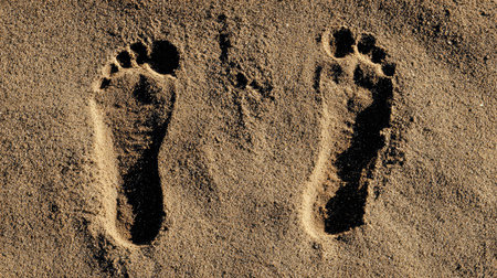 Discover the beauty of a serene beach captured in this image, showcasing bare footprints in soft sand under a bright sun, inviting relaxation.の素材