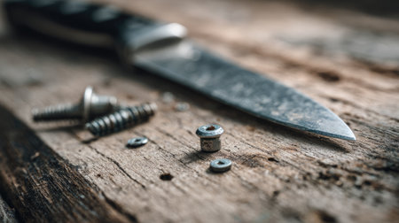 A close-up image featuring a silver knife blade resting on a wooden surface with screws and nuts scattered around, highlighting craftsmanship and tool use.の素材