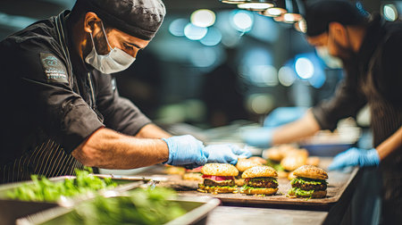 Two chefs skillfully prepare gourmet burgers in a lively restaurant kitchen, showcasing fresh ingredients and a commitment to quality and hygiene.の素材