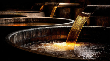 This captivating image showcases a close-up of golden liquid flowing from large wooden barrels, representing the timeless tradition of brewing in a rustic, dimly lit environment.の素材