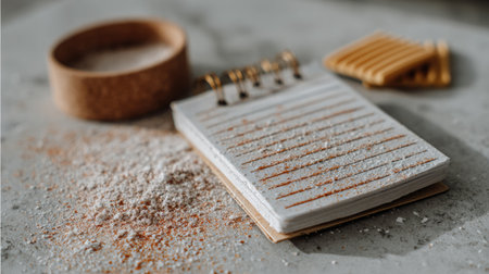 A minimalistic notepad lies on a light gray surface, accompanied by scattered salt and spices, creating a stylish scene perfect for culinary inspiration.の素材