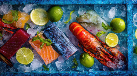 A vibrant display of fresh seafood featuring lobster and fish fillets surrounded by lime and mint on a bed of ice, perfect for culinary inspiration.の素材