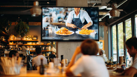 A lively restaurant scene features customers seated at a dining table, mesmerized by a chef preparing delicious meals on a television screen.の素材