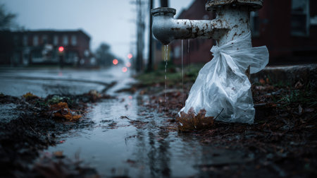A moody urban scene depicting water dripping from a fire hydrant, with a plastic bag and fallen leaves nearby, capturing the essence of a rainy day.の素材