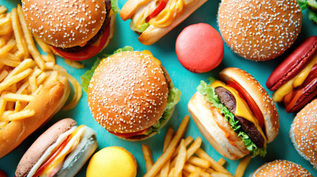 A vibrant collection of fast food items including burgers, hot dogs, fries, and colorful macarons set on a bright background, perfect for food enthusiasts.の素材