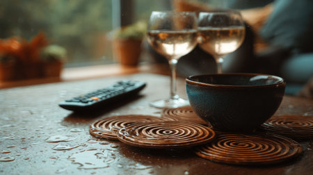 A cozy evening setup featuring two wine glasses filled with white wine, a decorative bowl, and coasters on a wooden table. Perfect ambiance for relaxation.の素材