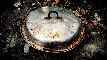A rustic metallic cookware piece featuring a distressed surface, set against a natural outdoor backdrop, perfect for culinary-themed projects.の素材